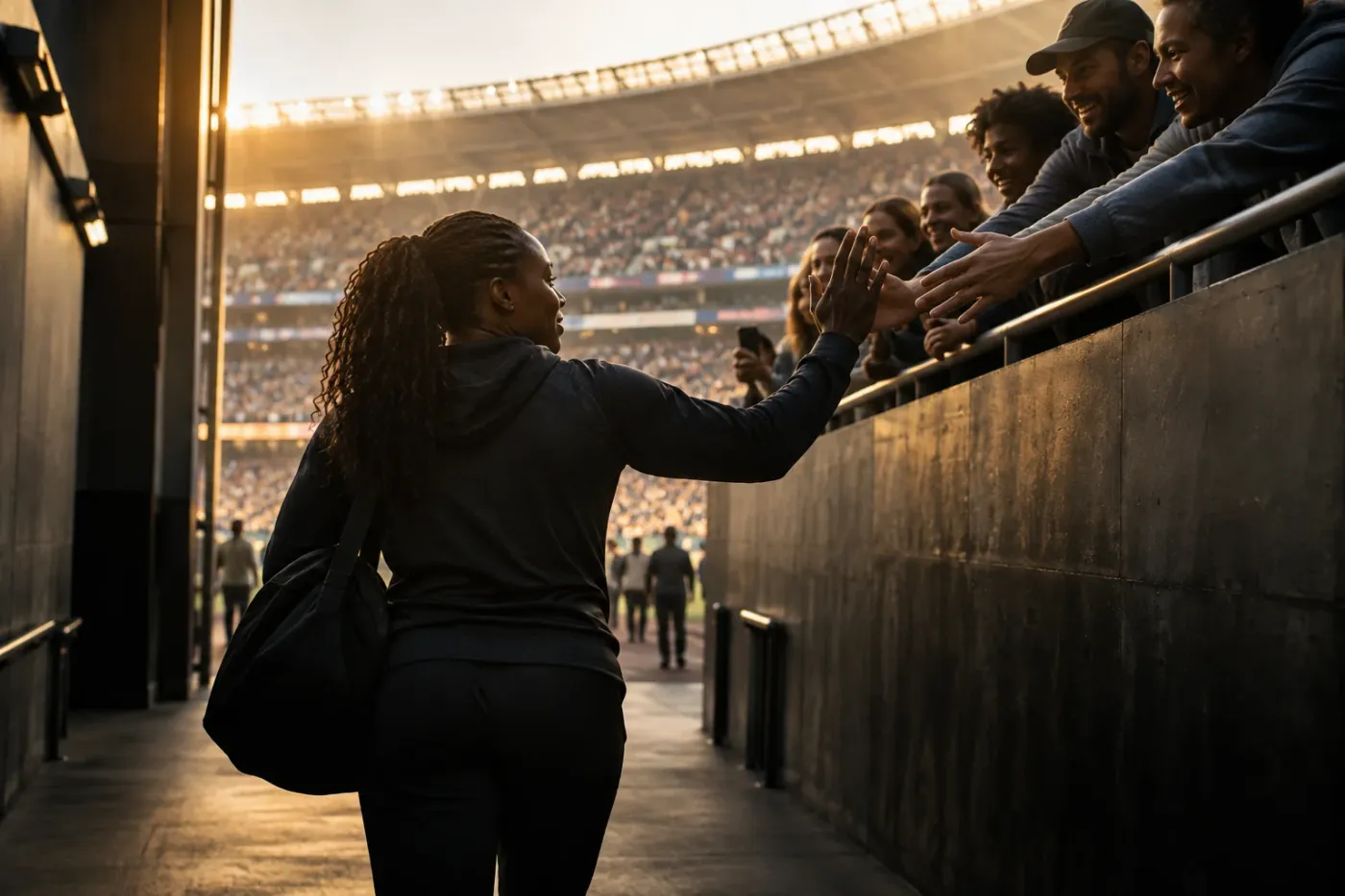 An athlete high-fiving fans on the way into a stadium