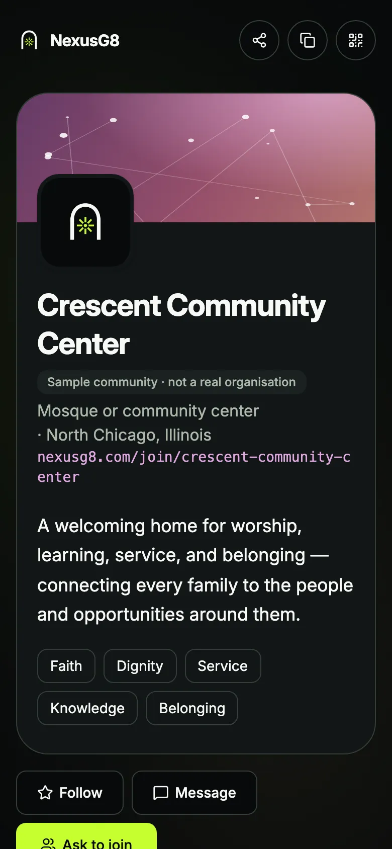 A Community Gate: Crescent Community Center, a mosque and community center, with Follow, Message and Ask to join