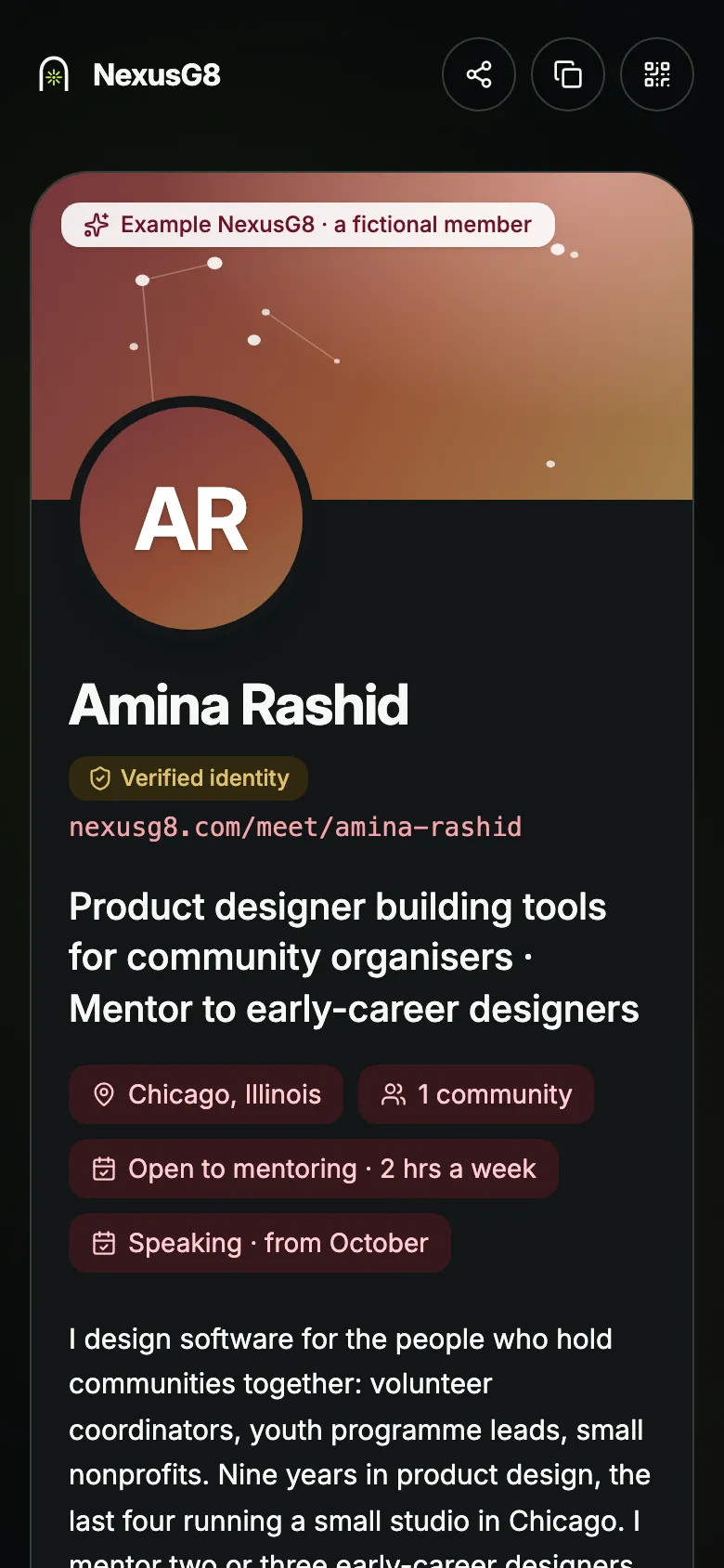 A Personal Gate: Amina Rashid, verified identity, her address nexusg8.com/meet/amina-rashid, her city and what she is open to